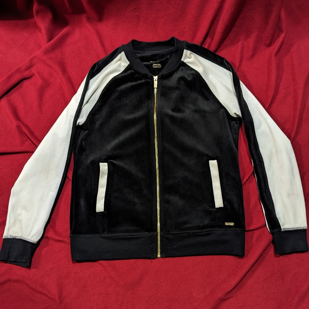 Women's Calvin Klein Velour Velvet Bomber Jacket Black White Size M Medium EUC